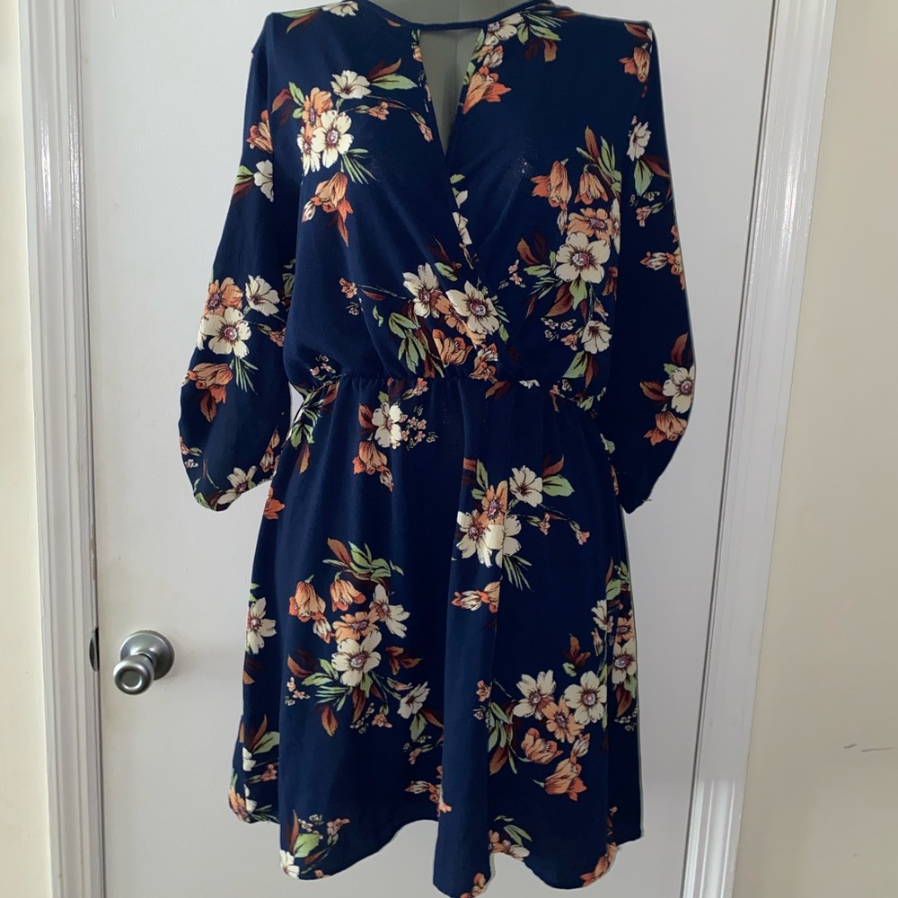 Navy blue floral dress with deep V neck